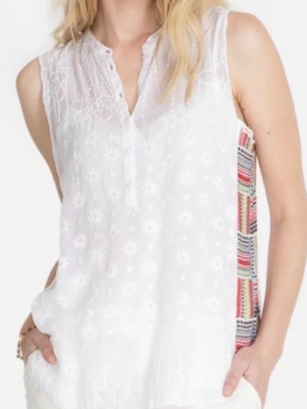 Women's Johnny Was White Turia Tank Top Multi Color Buttons Embroidery Small